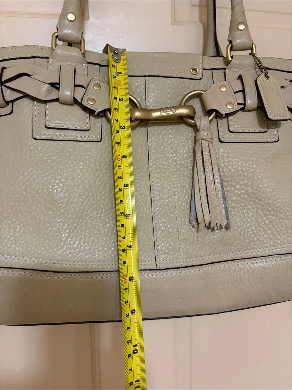 Coach Cream Leather Shoulder Tote with Braided Trim and Tassel